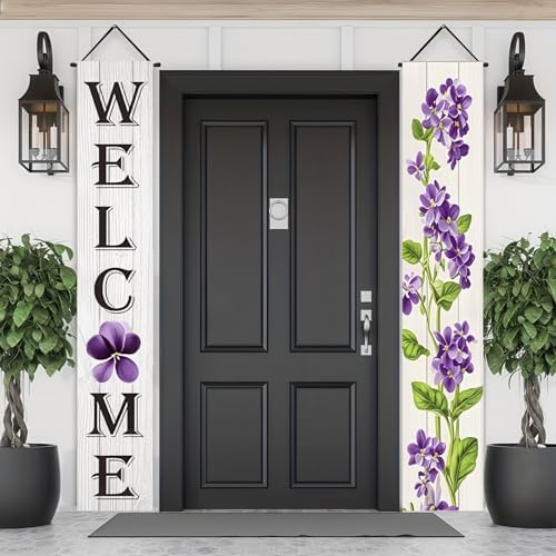 BlissYard Spring Summer Banner 70x12 Inch Vertical Spring Summer Door Banners Door Decorations Hanging Purple Floral Welcome Porch Signs Outdoor Summer Decorations for Seasonal Outdoor Decoration by BlissYard