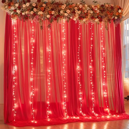 10x10ft Red Tulle Backdrop Curtain with Lights String for Parties, Sheer Photo Backdrop Drapes for Wedding Baby Shower Birthday Party Valentines Photo Shoot Decorations by Partisky