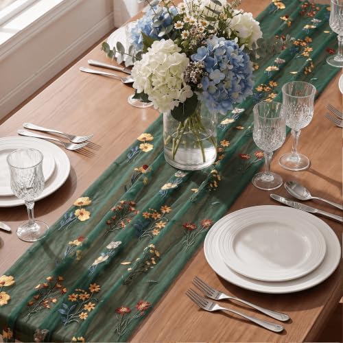 Artoid Mode Wildflower Dark Green Embroidery Table Runner 120 Inch 10FT - Image 5