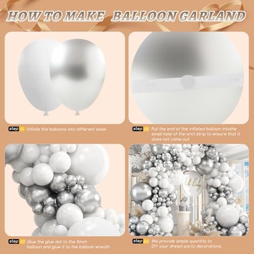 412Pcs White and Silver Balloons Arch Kit, 18 12 10 5 Inch White Metallic Silver Latex Balloon for Wedding Bridal Shower Engagement Anniversary Birthday Party Decorations - Image 3