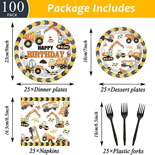 100 Pcs Construction Birthday Party Plates and Napkins Set Dump Truck Birthday Party Decorations Supplies Construction Tableware Construction Themed Party Favors for Boys Birthday Serves 25 - Image 2