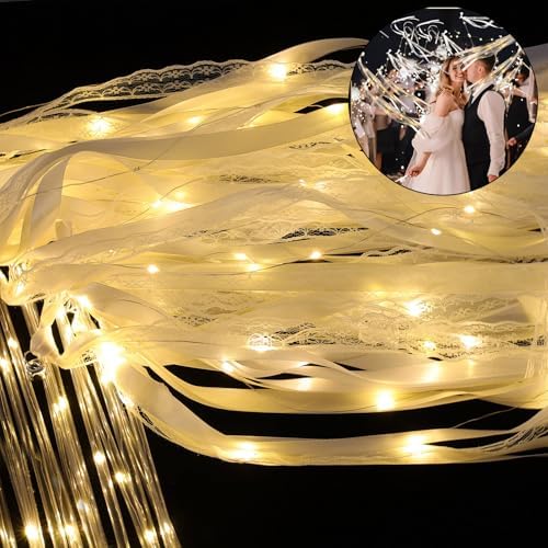 100 Pcs Wedding Wands Ribbon with 3 Colorful Flashing Modes, Light up LED Silk Fairy Wands, Glow Lace Stick with Bells for Wedding Reception, Graduation, New Year, Birthday Party (Warm White) by HUIZONHOME