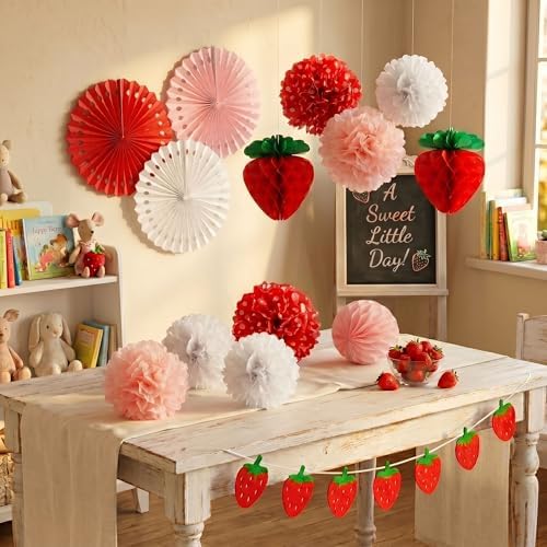 ANSOMO Strawberry Party Decorations Red Pink White Tissue Pom Poms Fans Honeycom Balls Lanterns Garland Classroom Berry Sweet Fruits 1st One Birthday Bridal Baby Shower Décor Supplies Girls - Image 2