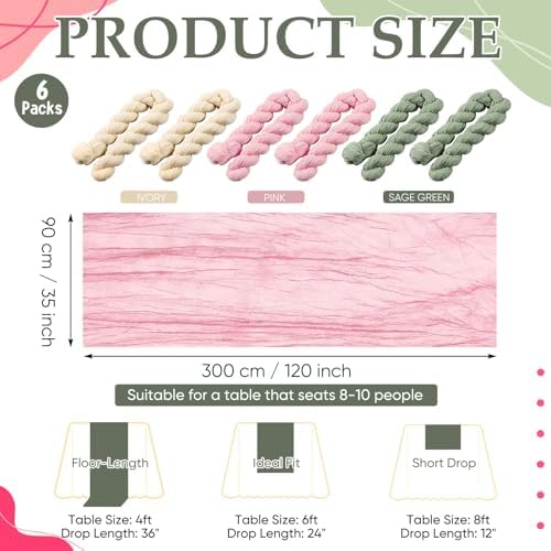 6pcs Sage Green & Pink Cheesecloth Table Runners 118" Boho Gauze - Image 2