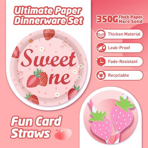 146Pcs Strawberry Plates and Napkins strawberry Party Supplies Includes Plates, Napkin, Fork, Cup, Straw, Tablecloth, Banner for Baby Shower Birthday Party Decorations, Serves 24 (Strawberry) - Image 3