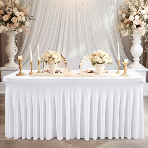 Wish Care 6 Pack White Spandex Table Clothes for 4 Foot Rectangle Tables, 4FT Wrinkle Free Fitted Tablecloths Ruffles Design Table Cover for Party, Banquet, Wedding and Events - Image 6