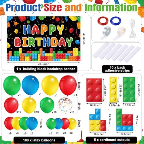 124 Pcs Building Blocks Birthday Party Decorations Set Brick Stand up Cardboard Cutouts Birthday Themed Backdrop Balloons Garland Arch Kit for Building Block Themed Celebration Supplies - Image 2