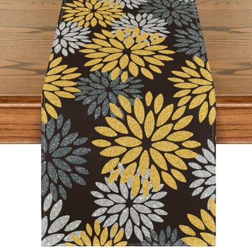 Artoid Mode Gold Black Silver Dahlia Floral Pinnata Fall Table Runner, Seasonal Kitchen Dining Table Decoration for Home Party Decor 13x72 Inch by ArtoidMode