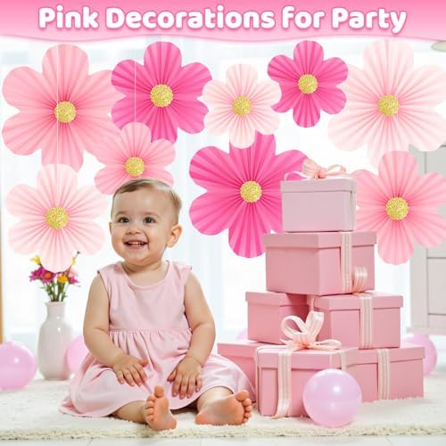 Pink Party Decorations, 9PCS Pink Paper Flowers Decorations for Wall - Image 4