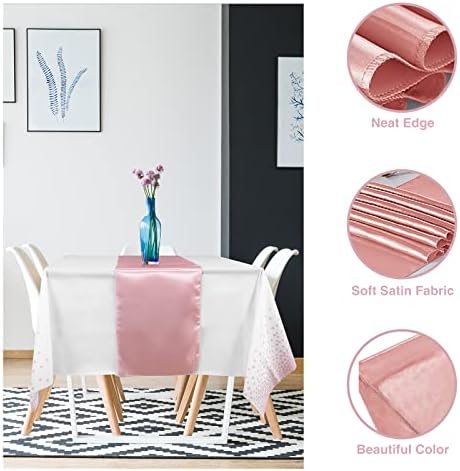 Disposable Plastic Tablecloth (White and Rose Gold Dot) And Satin Table Runner (Rose Gold) Set for Wedding Birthday Baby Shower Anniversary Christmas New Year Party, 16 Pack - Image 3