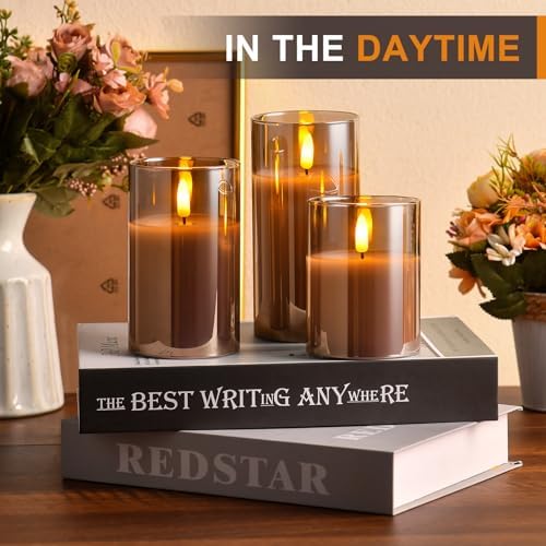 Tyawon Glass Battery Operated LED Flameless Candles with Remote and Timer, Real Wax Candles Warm Color Flickering Light for Festival Wedding Home Party Decor(Pack of 3)-Grey - Image 2