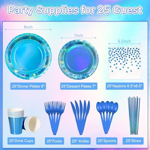 Iridescent Blue Party Supplies Decorations Serve 25, Holographic Blue Paper Plates and Napkins, Disposable Iridescent Party Plates Cups Napkins for Wedding Anniversary Birthday Bridal Shower Party - Image 2