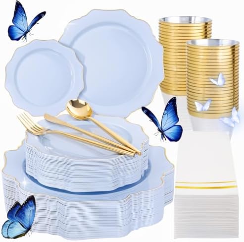 WDF 175Pcs Blue Plastic Plates - Heavy Duty Baby Blue Plates Disposable - 25Guests Plastic Dinnerware Ideal for Parties/Wedding/Baby Shower/Hanukkah by WDF