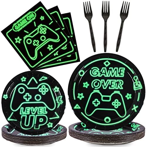 96pcs Video Game Party Supplies Tableware Set Neon Game On Paper Plates and Napkins Green Gaming Birthday Party Decorations Favors for Boys Kids Gamer Baby Shower,Serves 24 by partygreeting