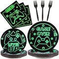 96pcs Video Game Party Supplies Tableware Set Neon Game On Paper Plates and Napkins Green Gaming Birthday Party Decorations Favors for Boys Kids Gamer Baby Shower,Serves 24 by partygreeting