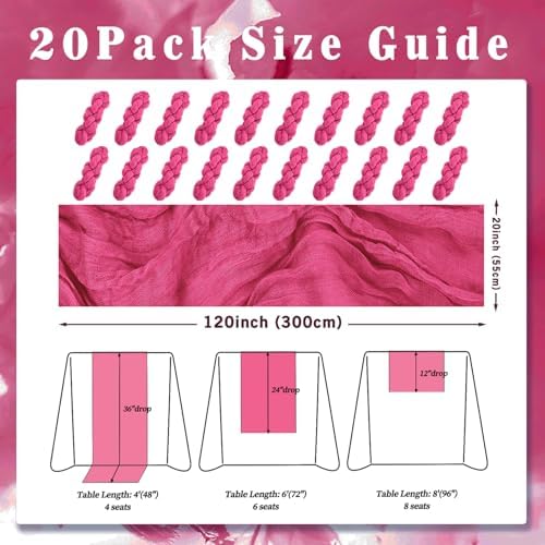 Hot Pink 20 Pack Cheesecloth Table Runner 10FT Boho Fabric Rustic Cheese Cloth Table Runner for Wedding 20 x 120 Inch Long Bridal Shower Baby Shower Gauze Sheer Birthday Party Table Decorations - Image 2