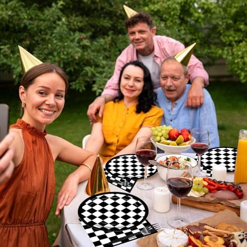 96 Pieces Racing Theme Party Supplies - Black and White Checkered Pattern Disposable Tableware with Paper Plates, Napkins, Forks for Race Car Dirt Bike Birthday Decorations, Sports Events Celebrations - Image 6