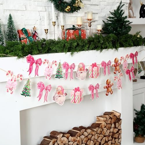 Oudain 2 Pack Pink Christmas Paper Garland 6.56 Ft Santa Gingerbread Bow - Image 3