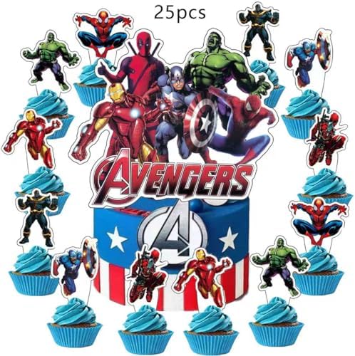 46Pcs superhero Birthday Party Supplies, Avengers Party Decorations Set Include Banner, Backdrop, Balloons, Hanging Swirls, Cake Cupcake Toppers, Tablecloth for Boys Girls Avengers Theme Party - Image 4