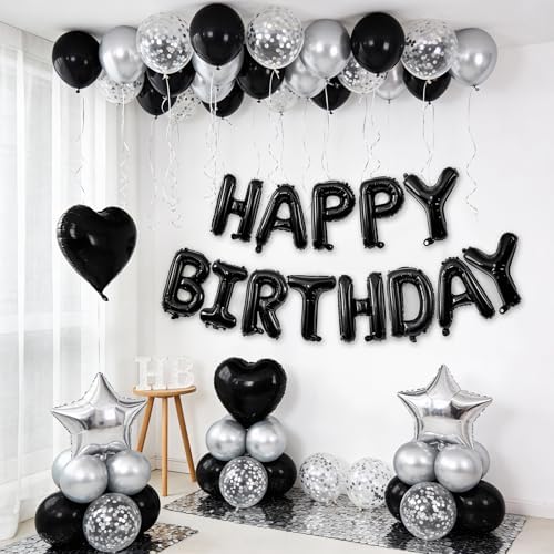 Black and Silver Birthday Decorations with Black Silver Balloons for Men - Image 3
