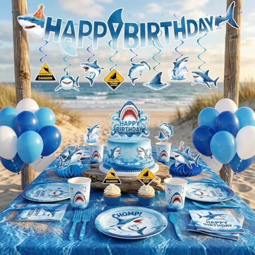 182 Pcs Shark Birthday Party Decorations (Serves 24), Shark Party Decorations Include Banner Hanging Plates Napkins Cups Forks Tablecloth Topper Balloons for Party - Image 7
