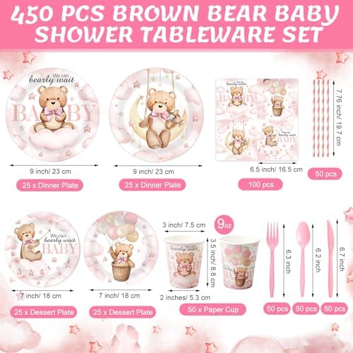 450 Pcs Bear Baby Shower Tableware Set, Serve 50, Pink - Image 2