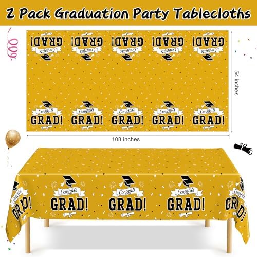 2Pcs 2026 Graduation Table Decorations, 108" X 54" Yellow Plastic Graduation Tablecover, Disposable Tablecover for Class 2026 Congrats Grad, Rectangle Tablecloth for Grad Decor Party Supplies for kids - Image 2
