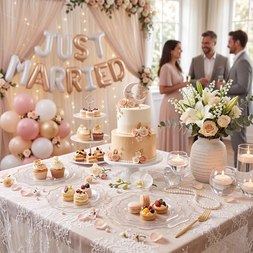 WDF 350Pcs Clear and Gold Plastic Plates - Heavy Duty Clear Plates Disposable - Gold Dinnerware Sets of 100 Plastic Plate 150Silverware 50 Cups 50 Napkins for Wedding/Thanksgiving/Fall/Rosh Hashanah - Image 7