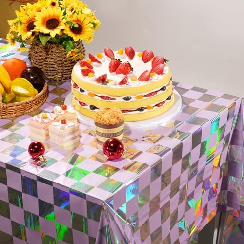 6Pack Iridescent Checkered and Purple Plastic Tablecloths Shiny Disposable Laser Rectangle Table Covers Holographic Foil Tablecloth Iridescent Party Decorations Birthday Bridal Baby Shower, 54x108Inch - Image 5