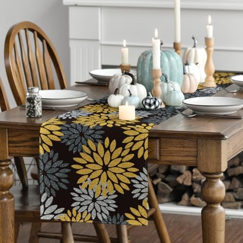 Artoid Mode Gold Black Silver Dahlia Floral Pinnata Fall Table Runner, Seasonal Kitchen Dining Table Decoration for Home Party Decor 13x72 Inch - Image 3