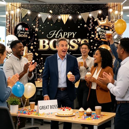 Black and Gold Happy Boss's Day Decorations Boss Day Backdrop Banner for Office Best Boss Ever Party Photo Props Background, Office Gatherings Party Decorations 83" x 59" - Image 6