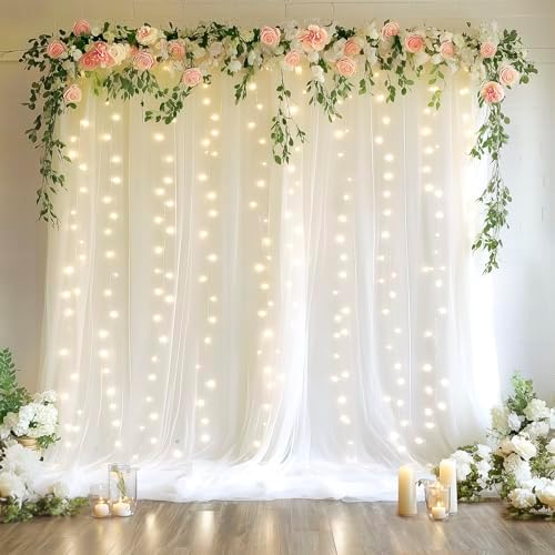 Fomcet Tulle Backdrop Curtains with Lights 10x8ft Sheer White Curtain by Fomcet