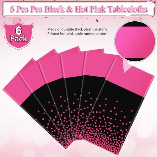 6Pcs Black Hot Pink Tablecloth Party Decorations,Plastic Black Table Cloth Printed Hot Pink Table Runner Disposable Rectangle Cover for Birthday Wedding Anniversary Graduation Party,54x108 Inch - Image 4