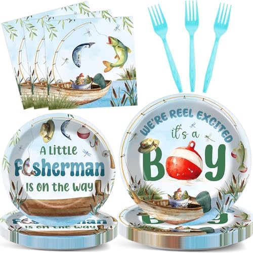 96Pcs A Little Fisherman Is On The Way Plates and Napkins Baby Shower Party Decorations Gone Fishing Dessert Disposable Plates It's A Boy Tableware Set for 24 Guests Baby Boy Birthday Party Supplies by CHUNNIN