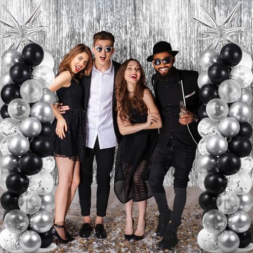 2 Sets Black Silver Balloon Column Stand Kit 3.3 X 6.6 ft Silver Photo Backdrop With Black Silver Confetti Balloons Balloon Tower Stand for Wedding Birthday Holiday Party Retirement Anniversary - Image 7