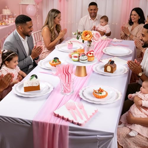 96 Pcs Pink and White Paper Plates and Napkins Set Include 9'' White Dinner Plates with Pink Scalloped Rim, 7'' Dessert Plates, Napkins & Forks for Baby Shower Wedding Bridal Shower Birthday - Image 6