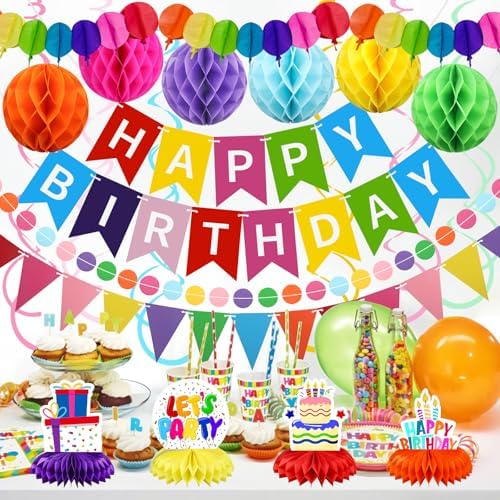 Birthday Decorations Kit, Happy Birthday Banner with Table Centerpieces, Colorful Paper Flag Garland, Hanging Swirl Streamers & Honeycomb Balls for All Birthday Party Decorations - Image 2