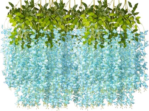 AITISOR 24 Pack Artificial Fake Wisteria Vine Ratta (3.75 Feet) Hanging Garland Silk Flowers String Home Party Wedding Decor (Sky Blue) by AITISOR