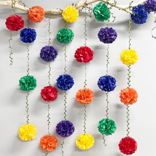 Rainbow Party Decorations Colorful Tissue Paper Flowers Pom Pom with Leaf Ribbon Hanging Garland Streamer for Multi-Color Birthday Wedding Shower Carnival Clown Fiesta Festival Party Supplies - Image 5