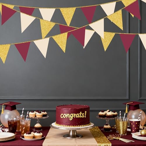 Burgundy Beige Gold Party Pennant Banner Flag Maroon Gold Hanging Glitter Paper Triangle Bunting for Graduation Birthday Bridal Shower Wedding Bachelorette Anniversary Party Decorations - Image 7