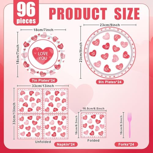 96 Pieces Valentine’s Day Tableware Set – Red and Pink Heart Message Disposable Plates, Napkins, Forks For Valentine’s Parties, Weddings, Anniversaries, Romantic Dinners – Serves 24 Guests - Image 2