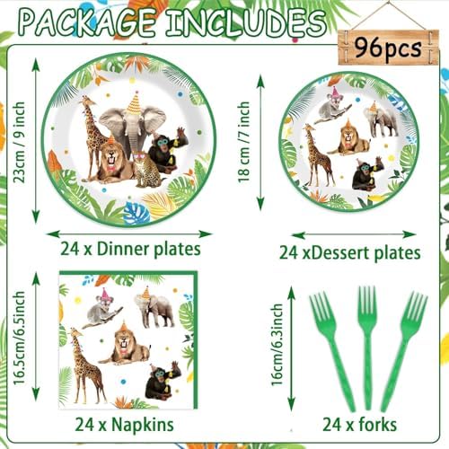 96Pcs Jungle Birthday Party Plates and Napkins Safari Animals Themed Party Decorations Jungle Theme Party Disposable Tableware Set for 24 Guests Wild Animals Gold Safari Zoo Birthday Favors Supplies - Image 2