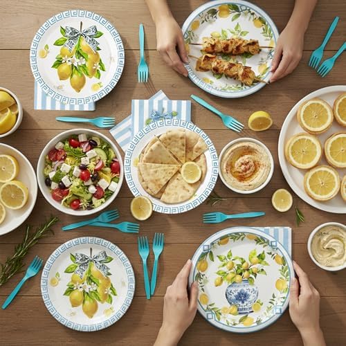 96Pcs Chinoiserie Vase Lemon Party Plates Supplies Capri Lemon Blue White Vase Tableware Decorations Disposable Paper Plates Napkins Forks for Birthday Summer Party Wedding, Serves 24 - Image 5