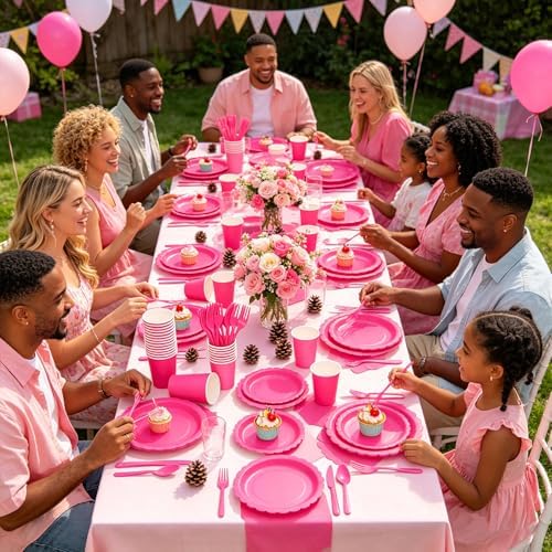 200Pcs Hot Pink Party Plates and Napkins, 9’’ Disposable Scalloped Hot Pink Paper Plates and 7’’ Hot Pink Dessert Plates Cups Napkins Forks Party Supplies for Birthday Party Decorations, Serves 40 - Image 6