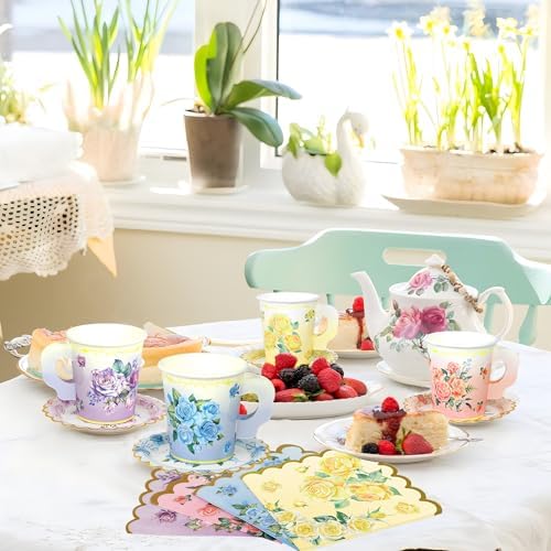 40 Set Floral Tea Cups and Saucers Disposable Tea Party Supplies Colorful Flower Teacups with Handle and Paper Napkins Dinnerware Set for Floral Theme Tea Party Birthday Wedding Bridal Shower Supply - Image 5
