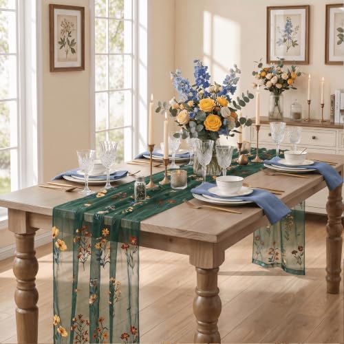 Artoid Mode Wildflower Dark Green Embroidery Table Runner 120 Inch 10FT - Image 6