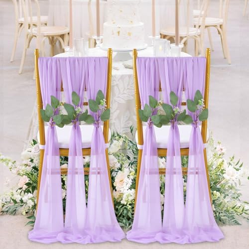 QueenDream Wedding Aisle Chair Sashes 50 Pieces Light Purple Long Sheer Fabric Sashes Decorations Chair with Artificial Eucalyptus - Image 2