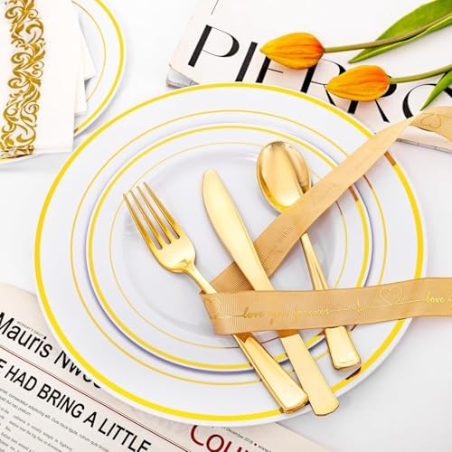 I00000 60 Pcs Gold Plastic Plates, Premium Disposable Gold Plates - Image 3
