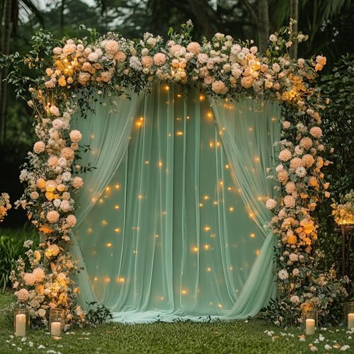 Tulle Backdrop Curtain with Lights Green Sheer Curtains Backdrop 10x10ft - Image 5