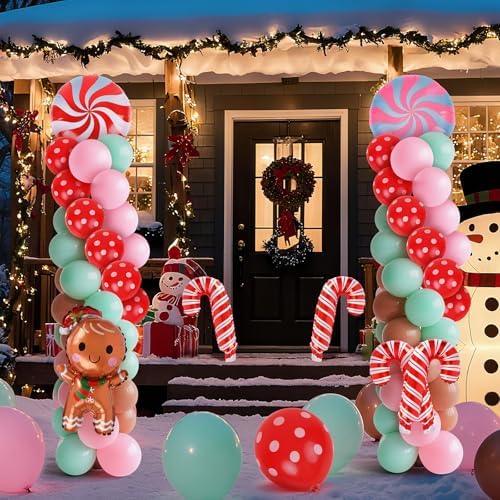 2 Sets Christmas Gingerbread Balloon Stand for Floor Adjustable Red Whilt Balloons Column Kit Set of 2 with Candy Crutch Balloons Tower Stand for Birthday Baby Shower Party Supplies - Image 2